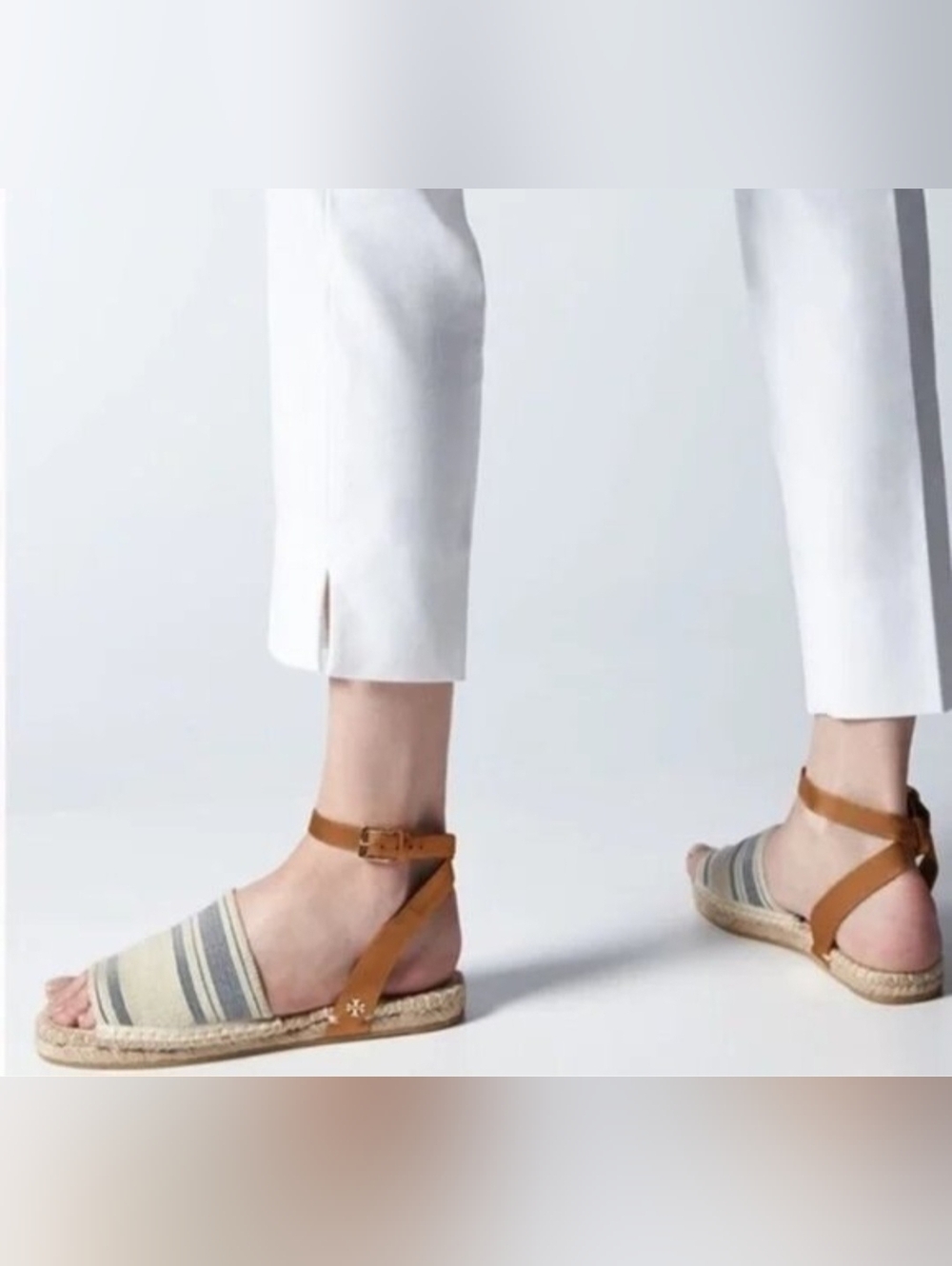 Tory Burch Beige and Tan Striped Espadrille Sandals